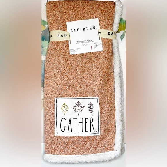 NWT RAE DUNN Knit Sherpa Throw Blanket 50x60 GATHER Fall Leaves Autumn Seasonal - Picture 1 of 4